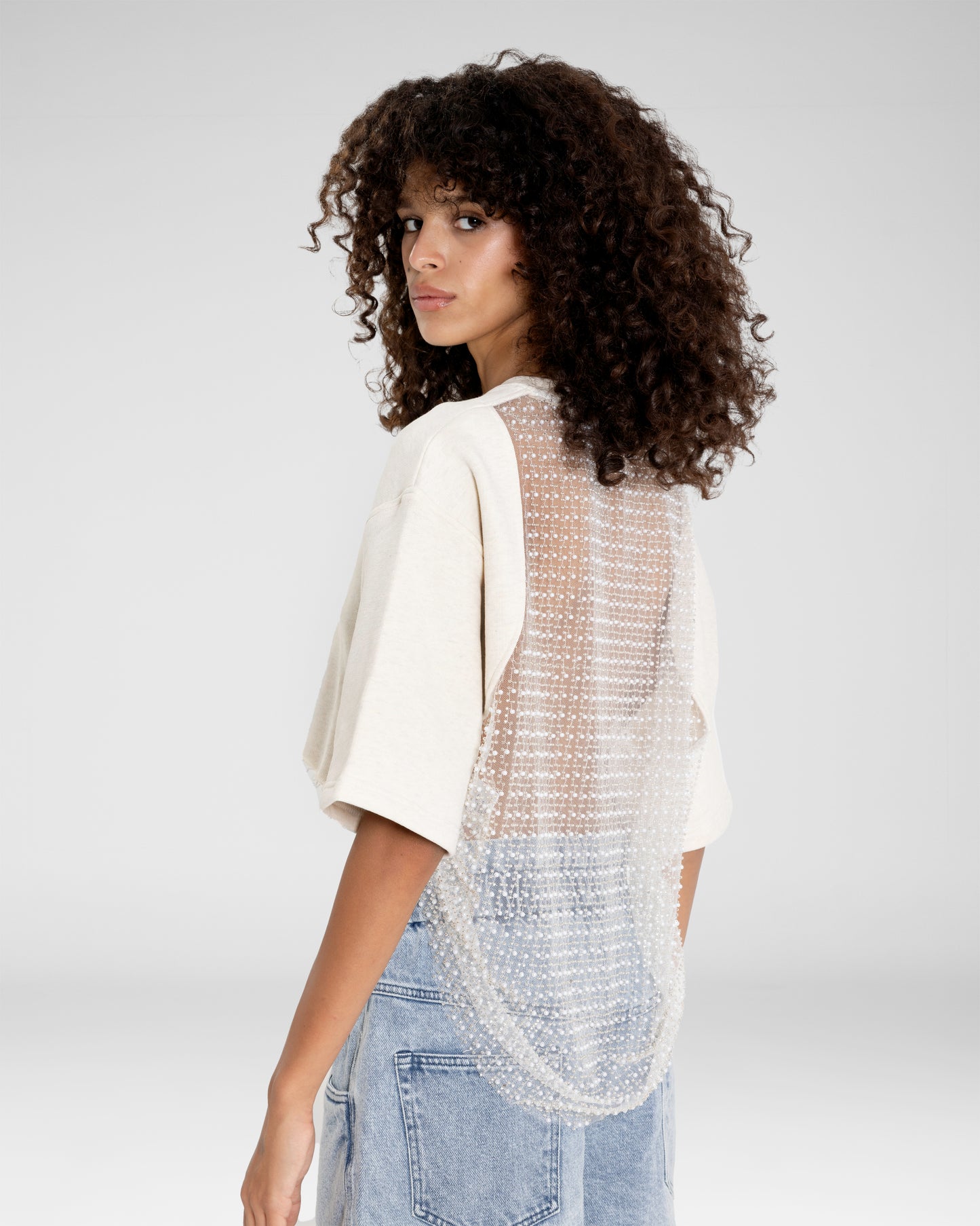 Pearl-Embellished Back Crop Tee