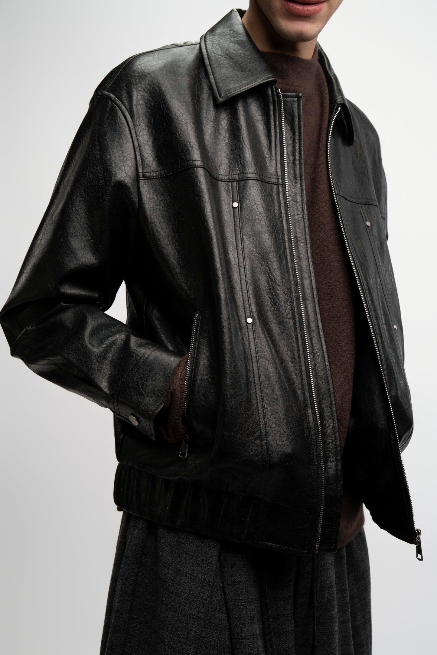 Worn Leather Zip Jacket