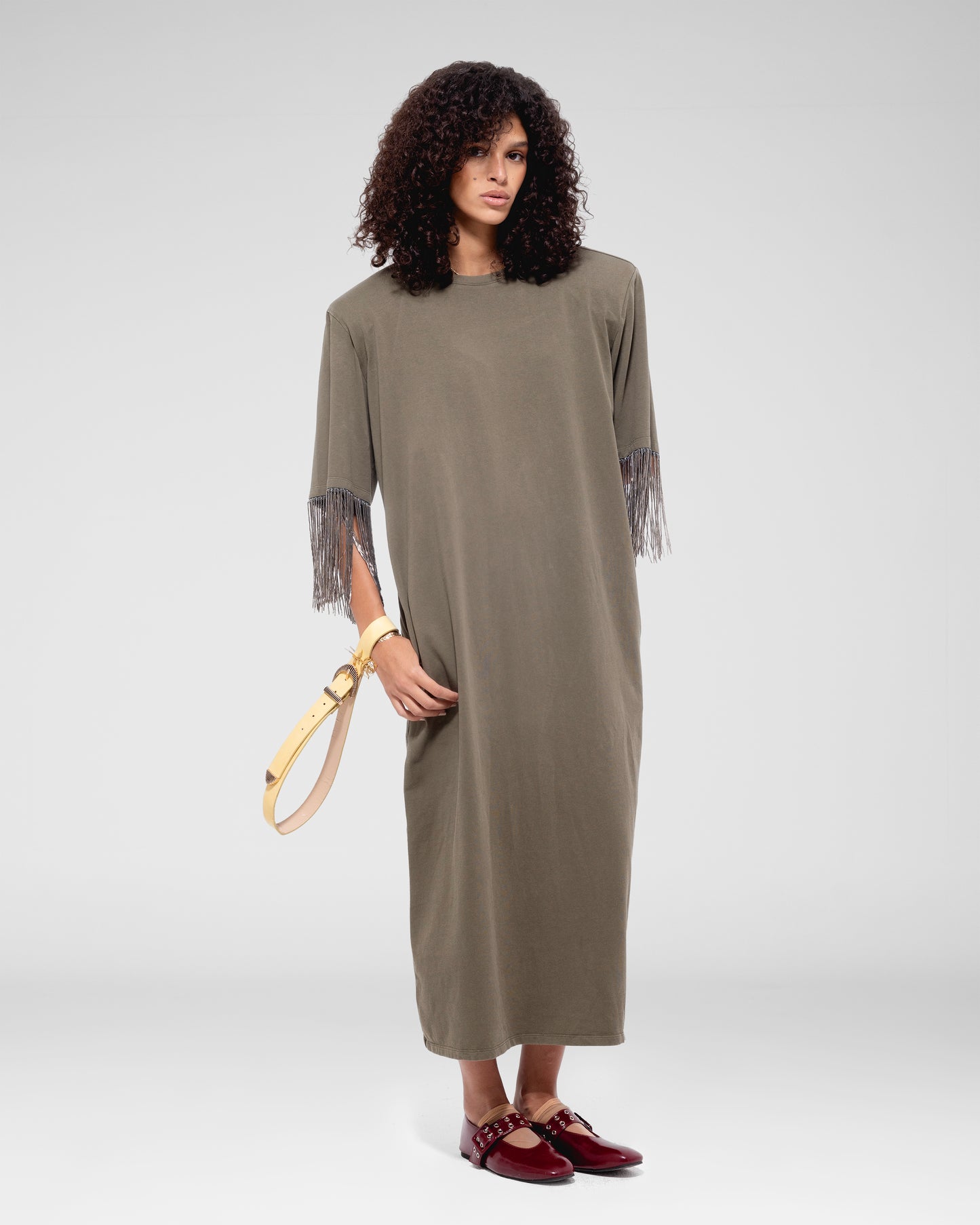 Fringe‑Sleeve Midi Dress