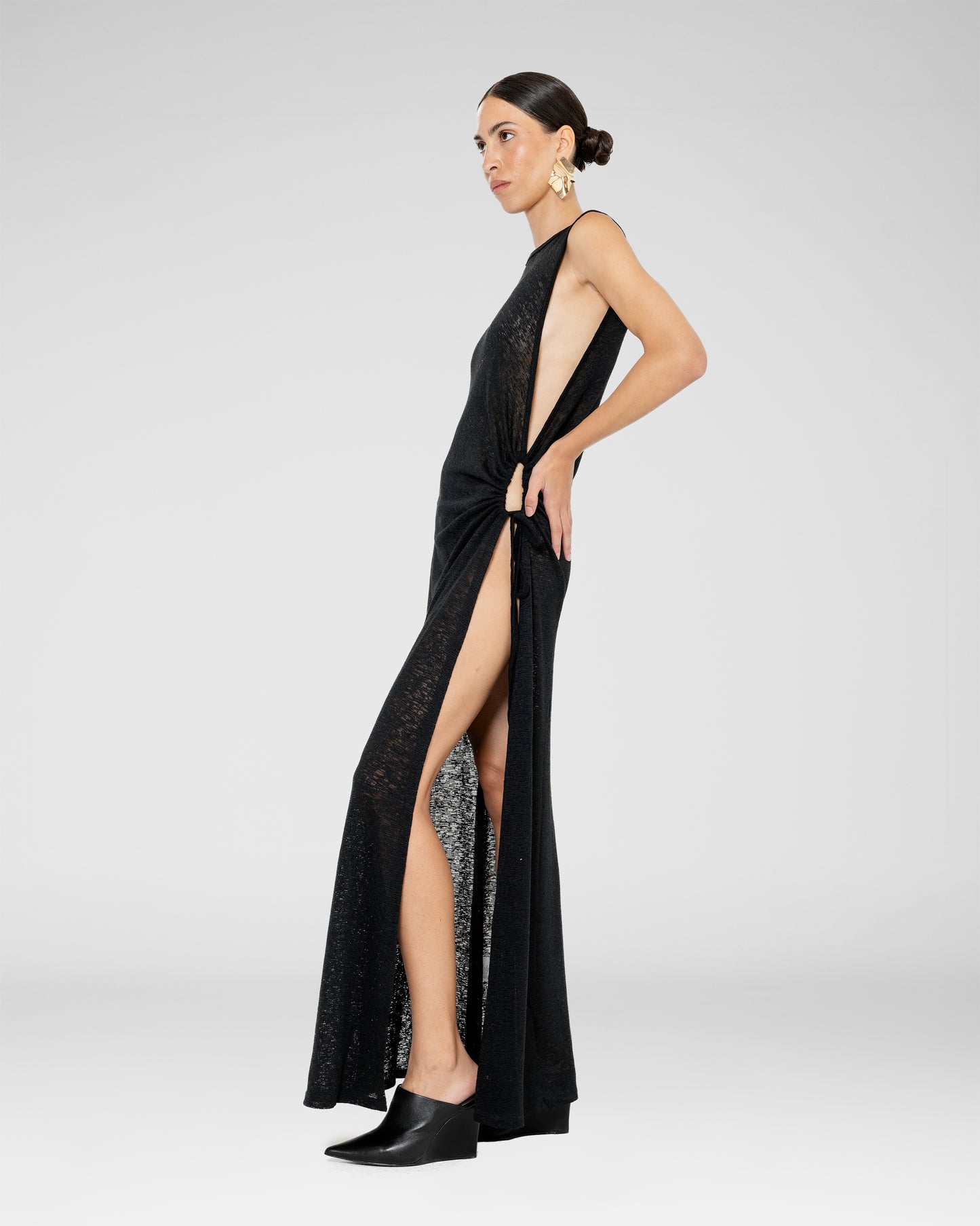 Side-Ruched Sheer Maxi Dress