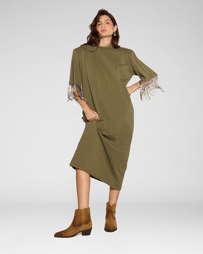 Fringe‑Sleeve Midi Dress