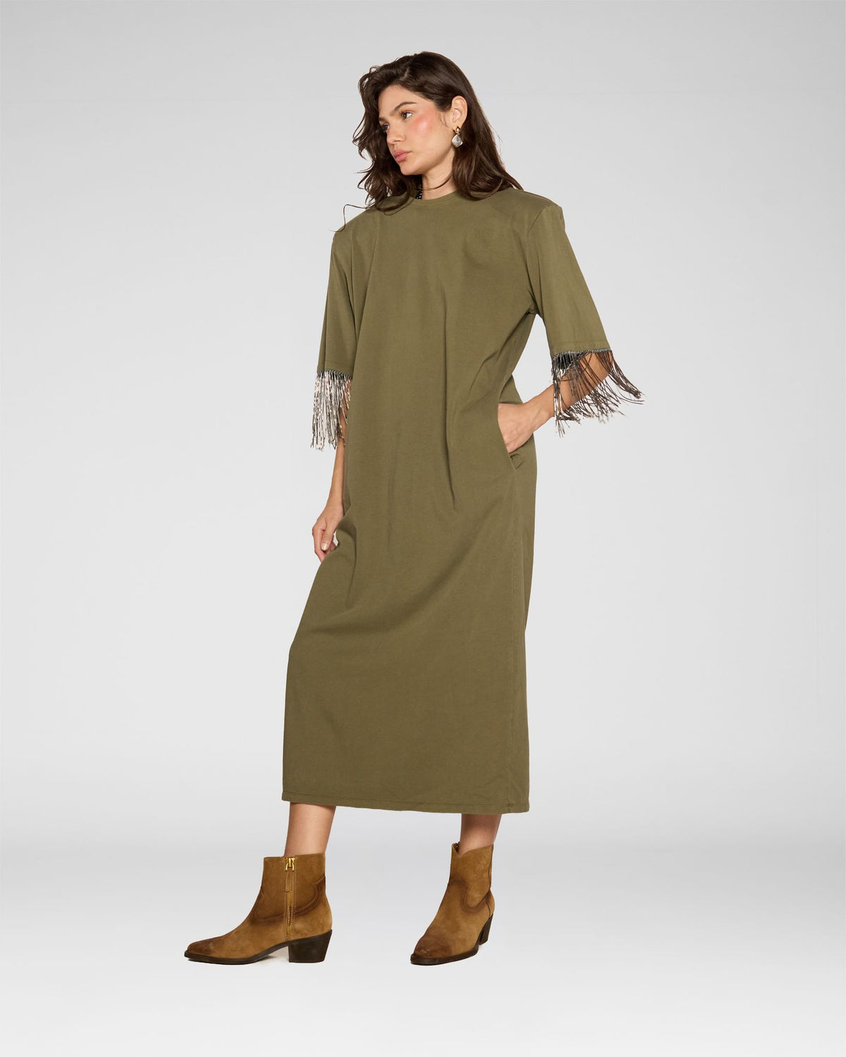 Fringe‑Sleeve Midi Dress