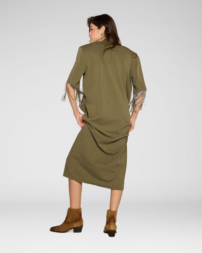 Fringe‑Sleeve Midi Dress