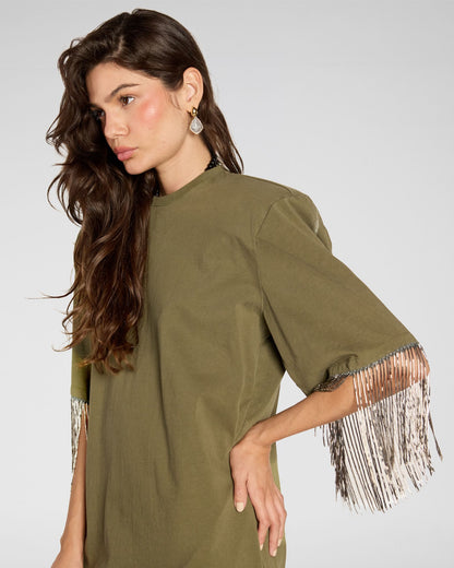 Fringe‑Sleeve Midi Dress