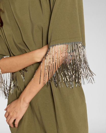 Fringe‑Sleeve Midi Dress