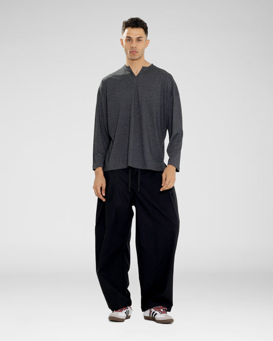 Split-Neck Long Sleeve Tee in Charcoal