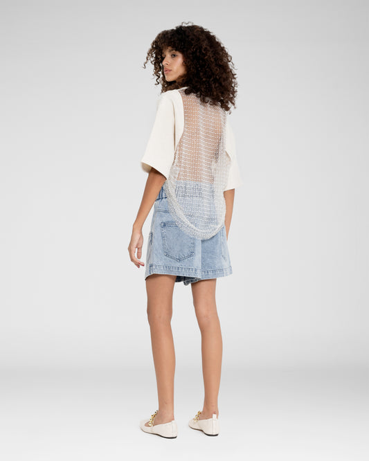 Pearl-Embellished Back Crop Tee