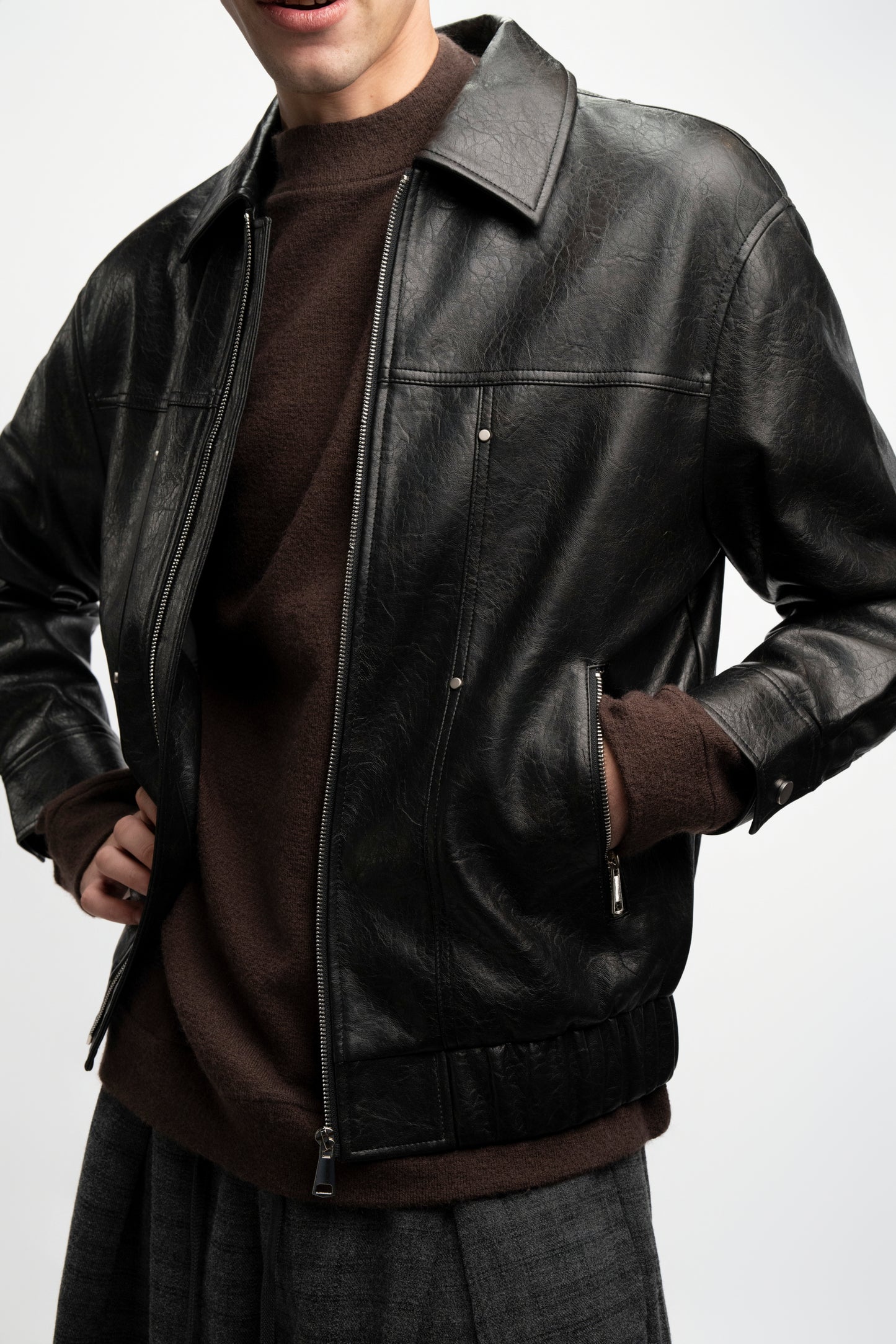 Worn Leather Zip Jacket