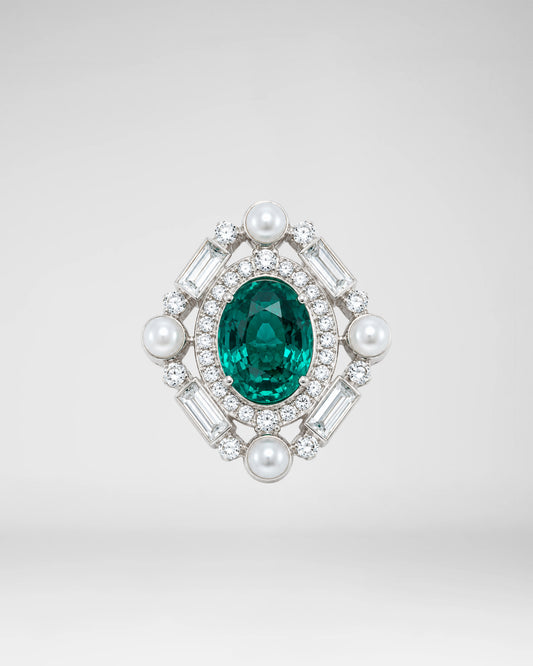 Emerald Pearl Medallion Brooch