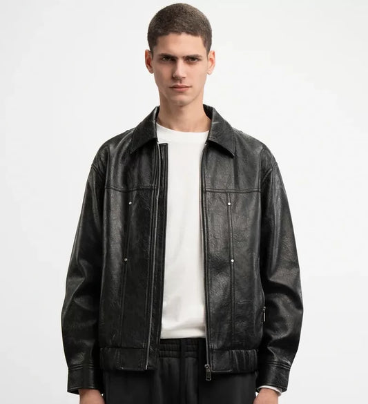 Worn Leather Zip Jacket