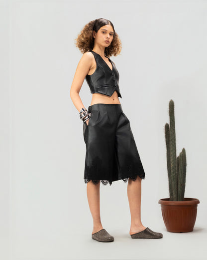 Lace Hem Faux Leather Shorts