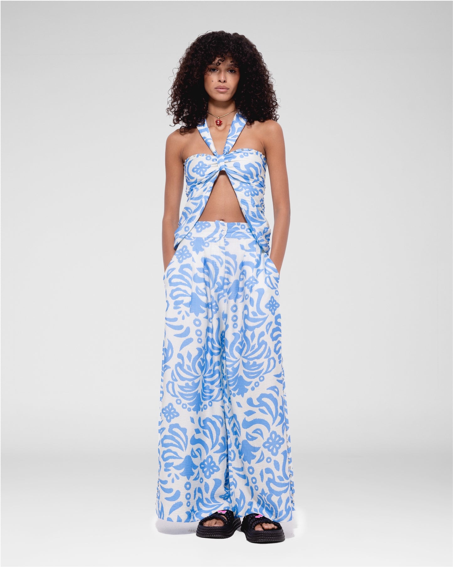 Coastal Flourish Wide-Leg Trousers
