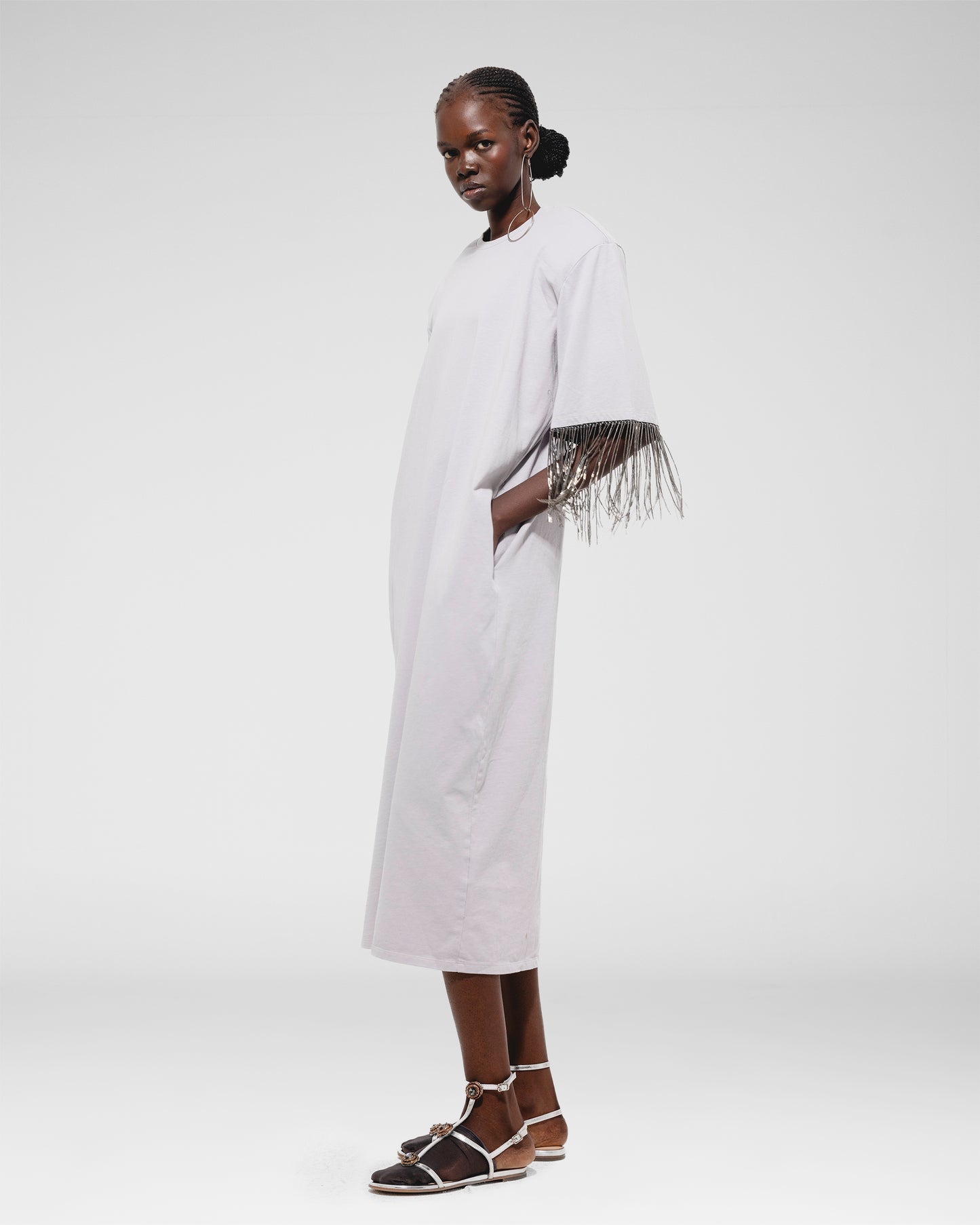Fringe‑Sleeve Midi Dress