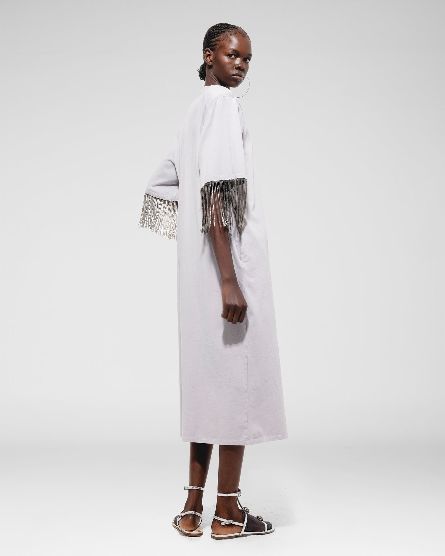 Fringe‑Sleeve Midi Dress