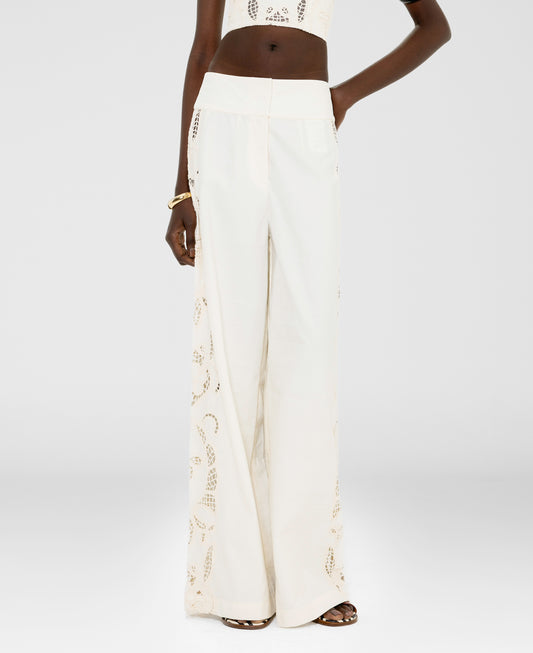 Side-Cutwork Wide-Leg Pants