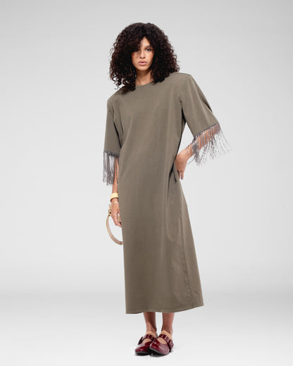 Fringe‑Sleeve Midi Dress