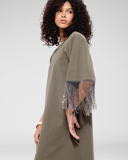 Fringe‑Sleeve Midi Dress