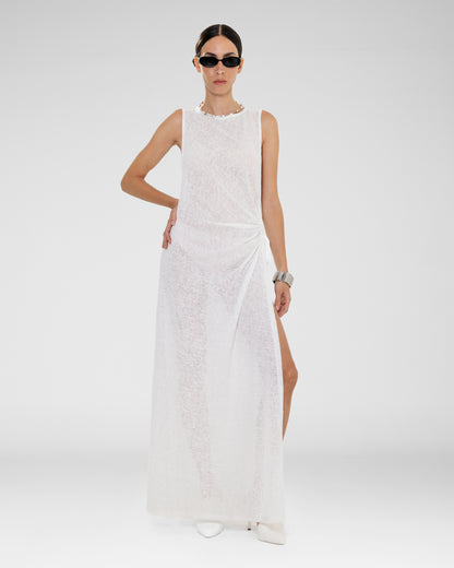 Side-Ruched Sheer Maxi Dress