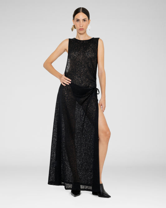 Side-Ruched Sheer Maxi Dress