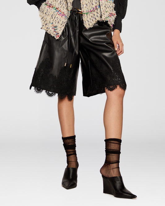 Lace Hem Faux Leather Shorts