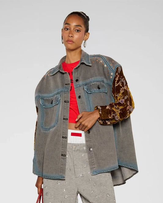 Patch Sleeve Denim Shacket Shirt